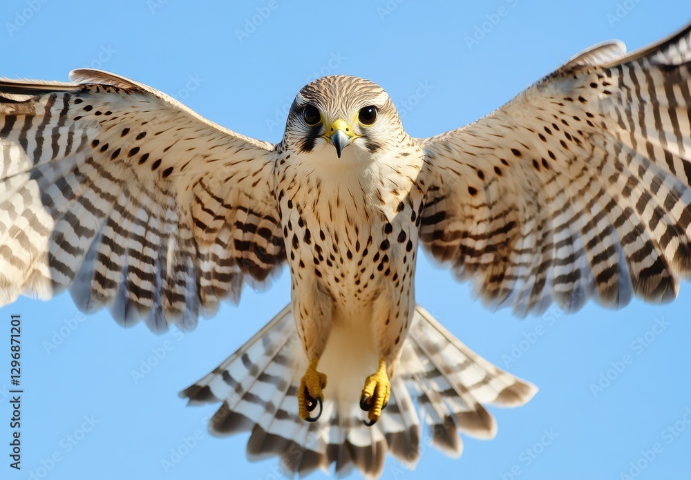Obraz premium Majestic Falcon in Mid-Flight with Outstretched Wings Against a Clear Blue Sky, Showcasing Impressive Feather Patterns and Sharp Focus