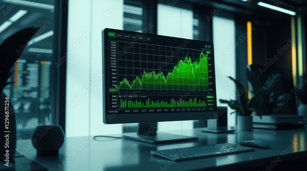 Fototapeta premium A financial chart displays a rising trend on a computer monitor. The office workspace is modern and tidy.