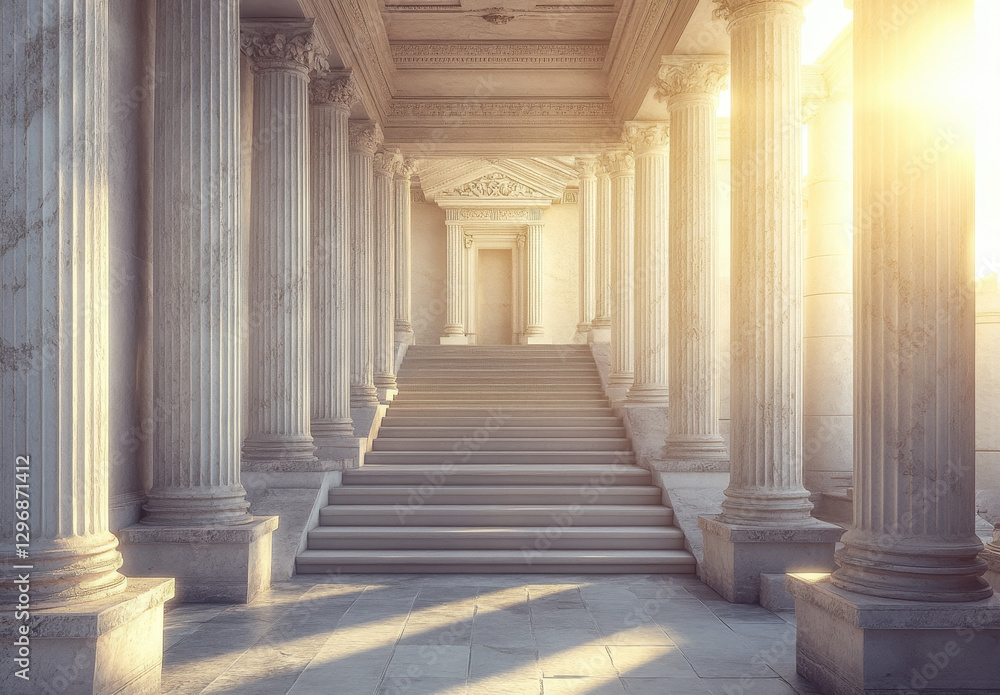 Sunlit Classical Stone Columns and Staircase Architecture Sunlit Classical Stone Columns and Staircase Architecture