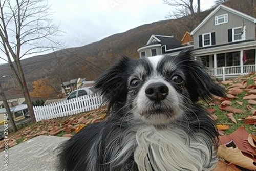 A close-up of a black and white dog in a leaf-covered yard, with a cozy house and mountainous backdrop.