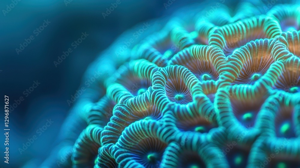 A vibrant close-up of coral showcasing intricate patterns and textures, illuminated by blue tones, highlighting the beauty of marine life. A vibrant close-up of coral showcasing intricate patterns and textures, illuminated by blue tones, highlighting the beauty of marine life.