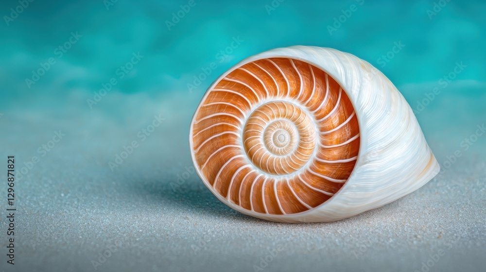 A close-up of a beautiful nautilus shell resting on sandy beach, showcasing intricate patterns and a soothing turquoise background. A close-up of a beautiful nautilus shell resting on sandy beach, showcasing intricate patterns and a soothing turquoise background.
