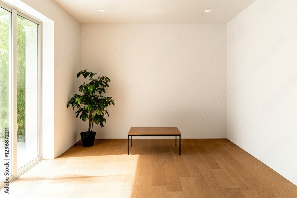 Fototapeta premium Bright, minimalistic interior featuring wooden flooring and sing