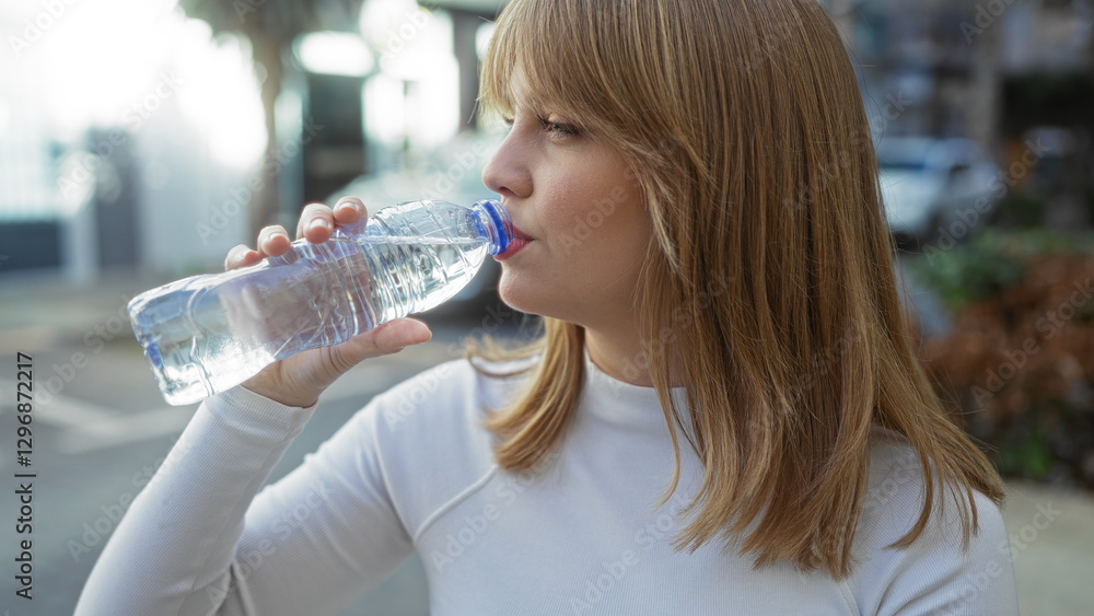 Woman drinking water from a bottle on an urban street, showcasing casual outdoor lifestyle in a city environment, highlighting beauty, hydration, and modern wellbeing. Woman drinking water from a bottle on an urban street, showcasing casual outdoor lifestyle in a city environment, highlighting beauty, hydration, and modern wellbeing.