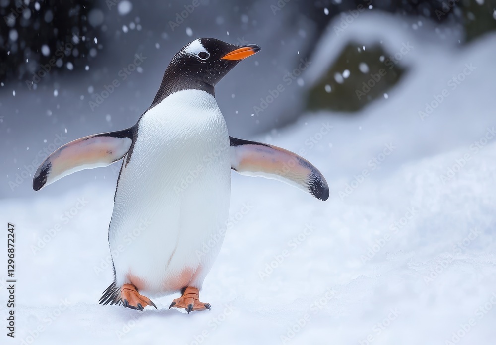 Naklejka premium Majestic Gentoo Penguin Standing on Snowy Background with Fluffy Snowflakes Falling Gracefully in a Cold Antarctic Environment