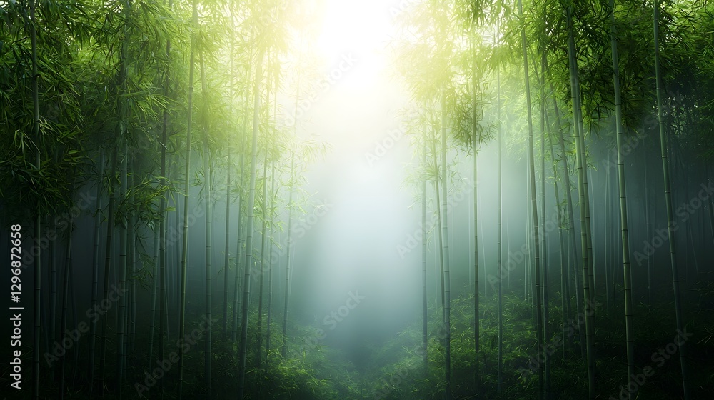 Fototapeta premium Serene and tranquil bamboo forest with golden sunlight gently filtering through the lush green leaves and creating a misty ethereal atmosphere in the open center A soothing