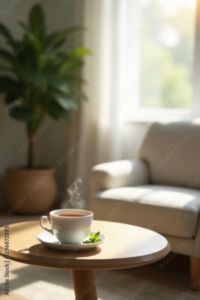 Aromatic Tea Moment Warm Beverage on Side Table in Sunlit Room with Plant and Comfortable Chair Aromatic Tea Moment Warm Beverage on Side Table in Sunlit Room with Plant and Comfortable Chair