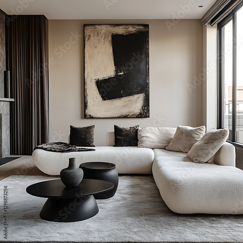 modern minimalist living room features monochrome palette with cozy white sofa, abstract art, and sleek black coffee tables, creating serene atmosphere