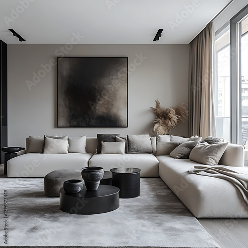 modern minimalist living room with monochrome palette features large sectional sofa, abstract art, and natural light. space is elegantly decorated with neutral tones and sleek furniture