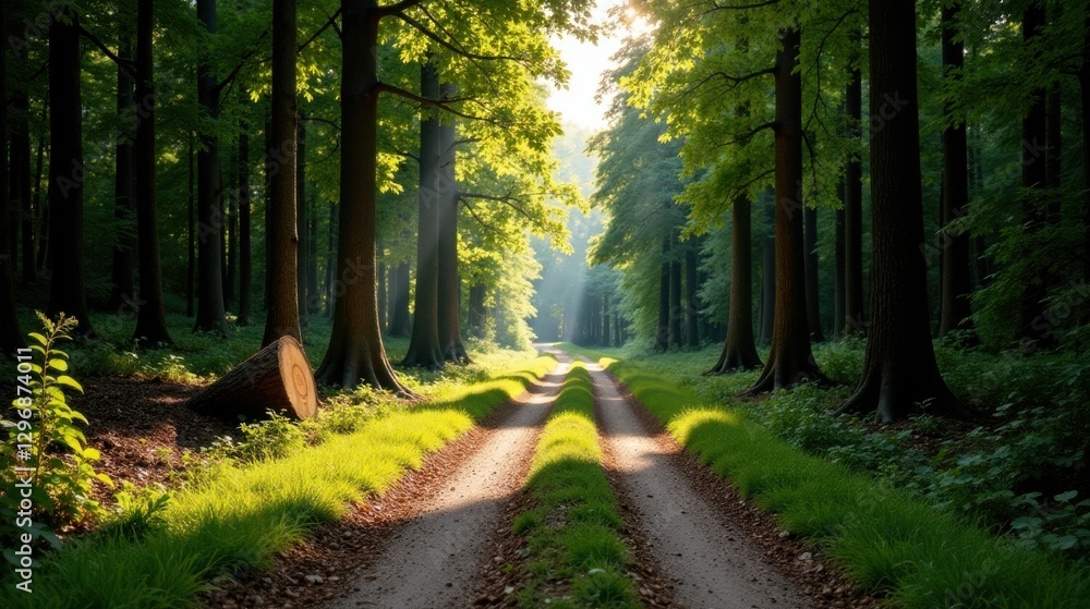 Serene Forest Path at Dawn Sunlight Illuminates a Rustic Dirt Road Winding Through a Lush Canopy of Tall Trees, a Fallen Log Resting Peacefully Beside the Trail Serene Forest Path at Dawn Sunlight Illuminates a Rustic Dirt Road Winding Through a Lush Canopy of Tall Trees, a Fallen Log Resting Peacefully Beside the Trail