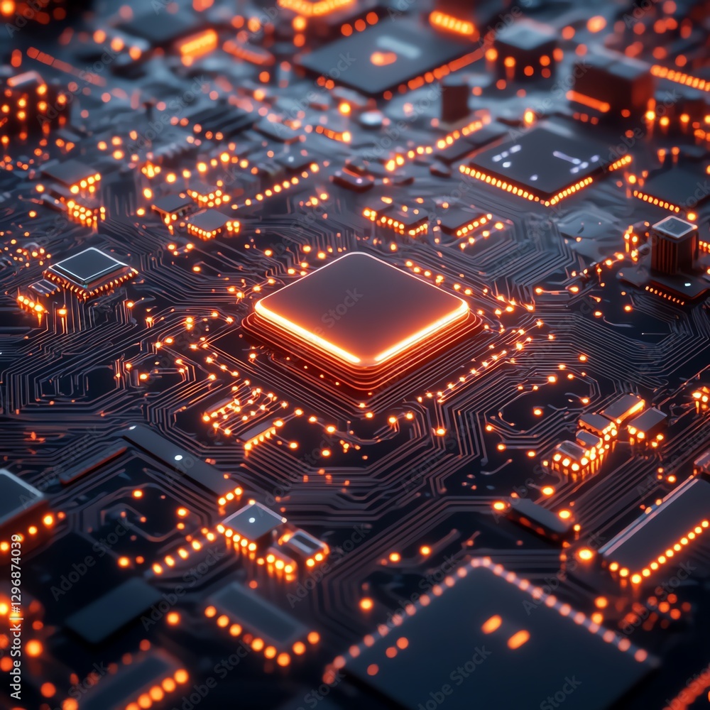 Obraz premium Close-up of a glowing microprocessor circuit.