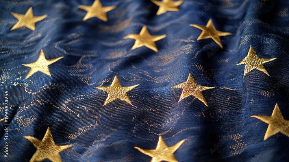 A close-up of the European stars symbol displayed on a flag, representing unity and cooperation A close-up of the European stars symbol displayed on a flag, representing unity and cooperation