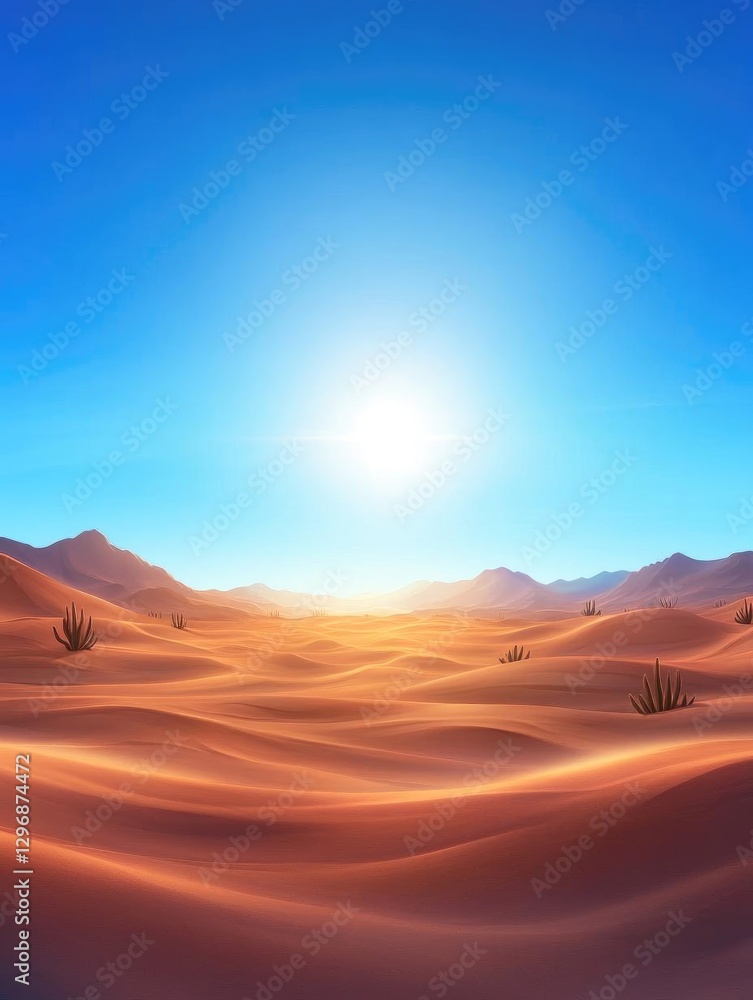 Fototapeta premium Desert Landscape: Sunlit Sands, Rolling Dunes, Arid Beauty Under Bright Sky