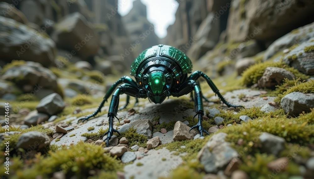 Futuristic Metallic Green Insect Robot Crawling on Mossy Rocks and Stones Outdoors Futuristic Metallic Green Insect Robot Crawling on Mossy Rocks and Stones Outdoors