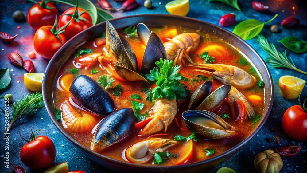 Surreal Seafood Stew: Ethereal Bouillabaisse with Floating Fish and Shellfish Surreal Seafood Stew: Ethereal Bouillabaisse with Floating Fish and Shellfish