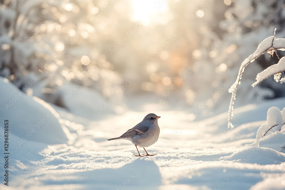 Small Bird on Snow-Covered Path in Winter Forest Nature Photography Peaceful Atmosphere Small Bird on Snow-Covered Path in Winter Forest Nature Photography Peaceful Atmosphere