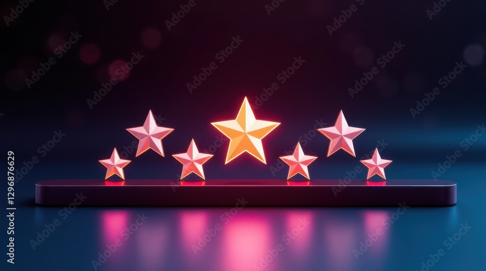 Fototapeta premium Seven stars lined up on a platform, one glowing golden, symbolizing quality and top performance.