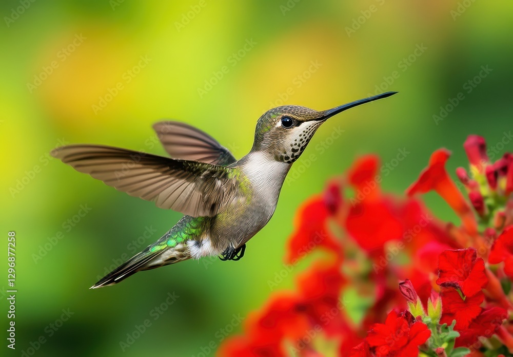 Fototapeta premium Colorful Hummingbird Hovering Near Vibrant Red Flowers in Bright Garden Environment During Sunny Day in Nature's Serene Beauty
