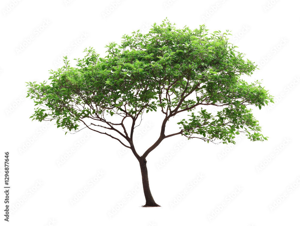 Obraz premium A vibrant green tree with a thick trunk and lush foliage standing against a white background.
