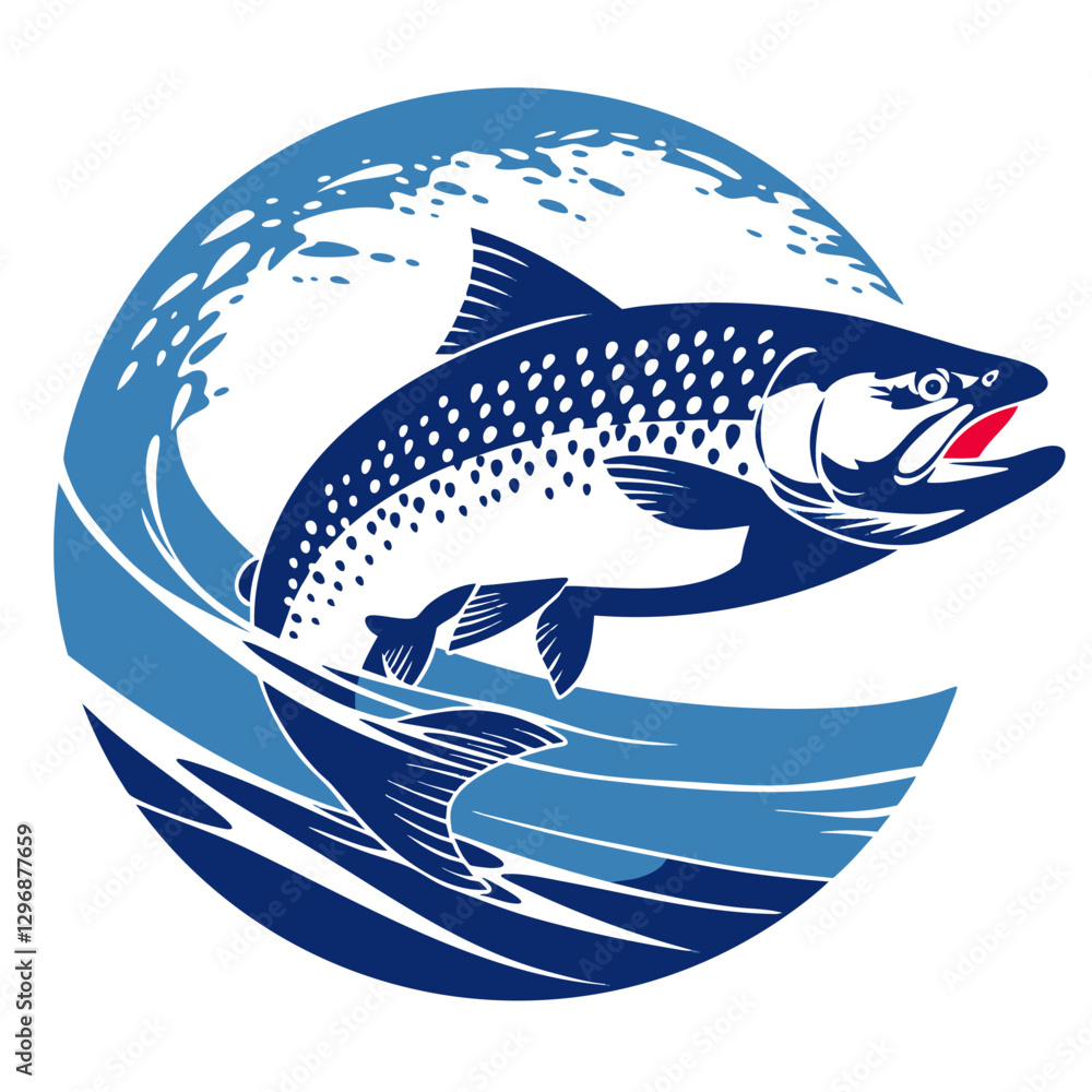 Vector illustration of a leaping fish with water splash, designed in a bold, stylized graphic style with blue tones. Generative by Ai