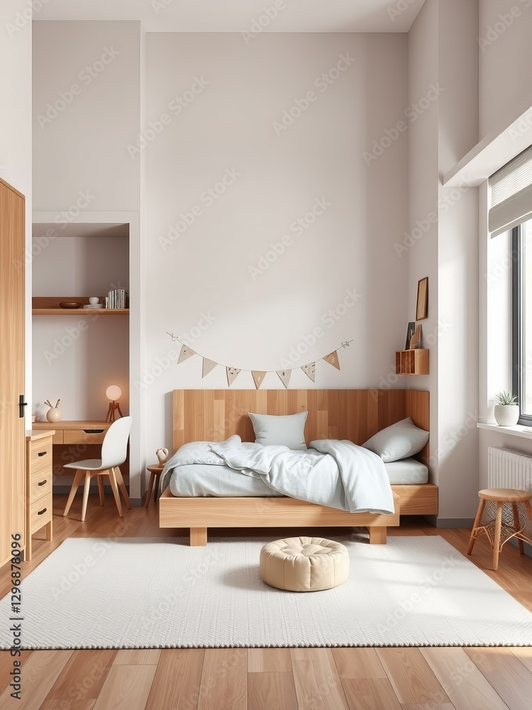 Cozy Modern Bedroom Featuring Elegant Bed Stylish Desk and Comfortable Chair in Warm Inviting Atmosphere Cozy Modern Bedroom Featuring Elegant Bed Stylish Desk and Comfortable Chair in Warm Inviting Atmosphere