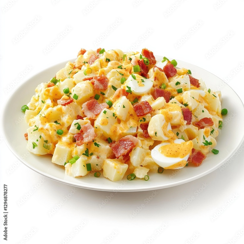 Hyperrealistic Potato Salad with bacon eggs mustard on plate Hyperrealistic Potato Salad with bacon eggs mustard on plate
