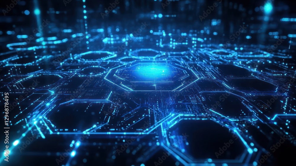 Obraz premium Futuristic digital network; glowing hexagons; data streams; technology background; website header