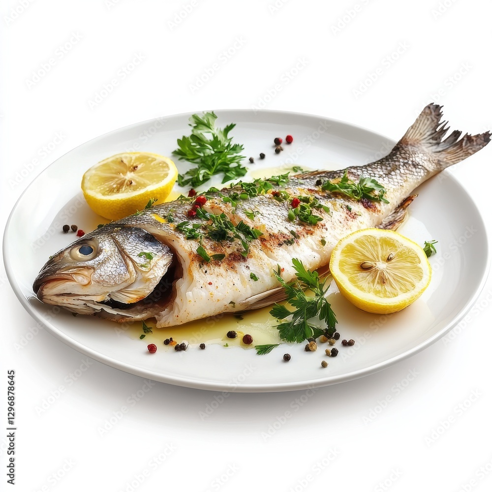 Hyperrealistic image of baked sea bass on white plate Hyperrealistic image of baked sea bass on white plate