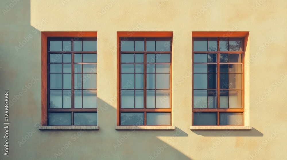 Three rectangular windows on a building with a light exterior Three rectangular windows on a building with a light exterior