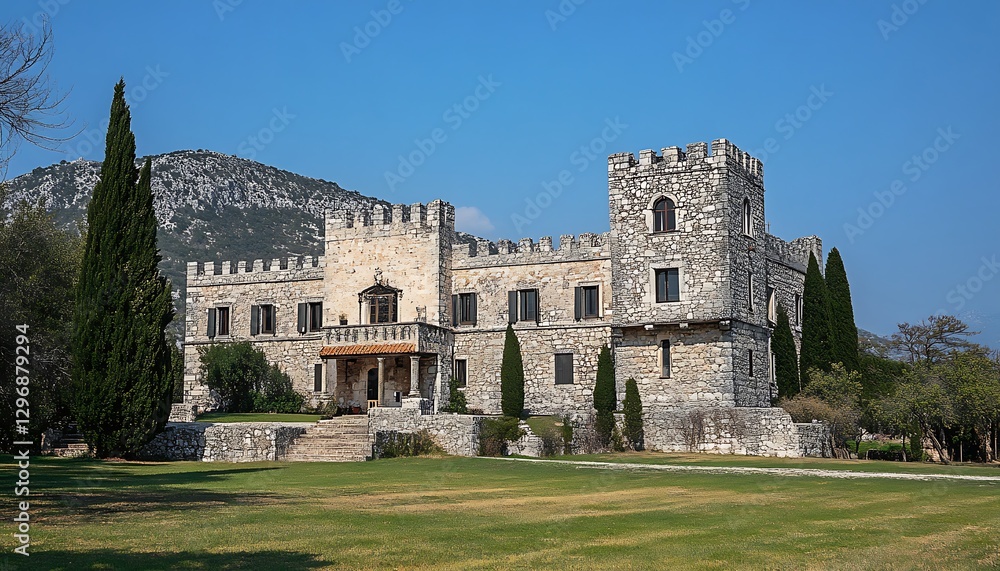 Fototapeta premium Ancient stone castle in a sunny valley