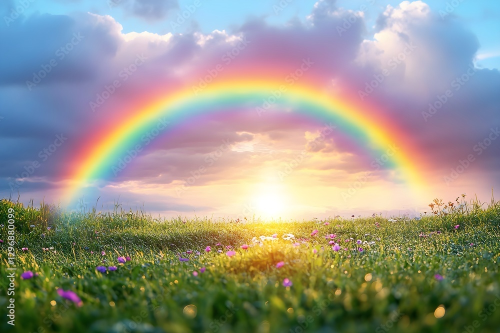 Naklejka premium Vibrant Rainbow Over a Peaceful Meadow Post-Rain – Generative AI