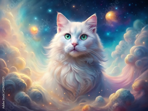 Surreal White Cat in a Dreamlike Landscape:  Ethereal Feline Photography