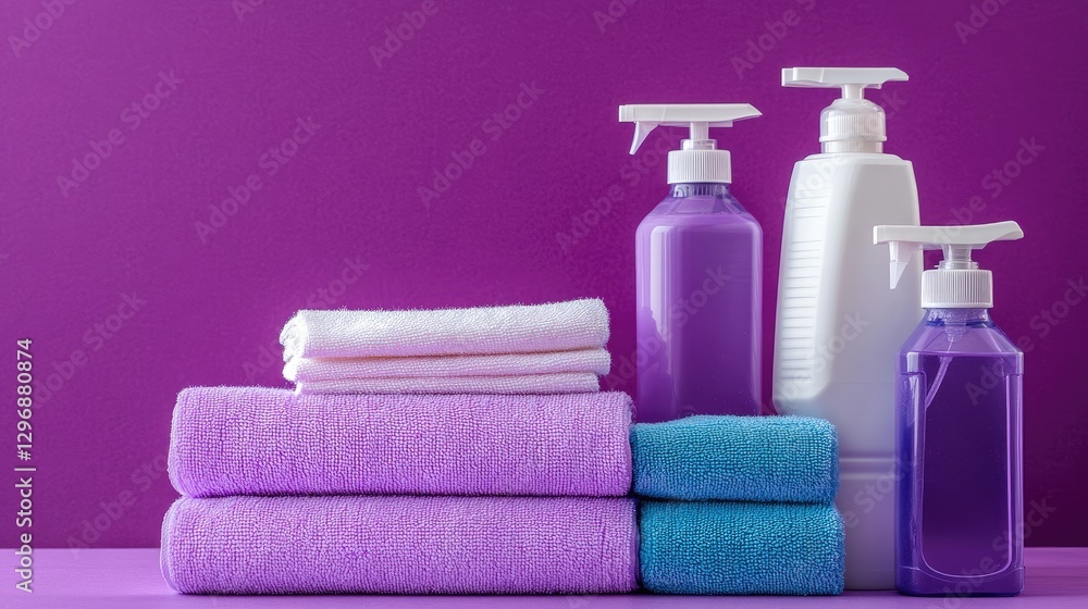 Stacked cleaning wipes and antibacterial solutions displayed on a bright purple background. Stacked cleaning wipes and antibacterial solutions displayed on a bright purple background.
