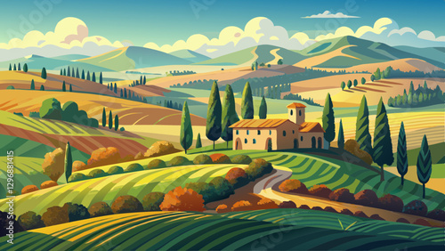 Tuscany, landscape and farmhouse in the hills of Val d'Orcia