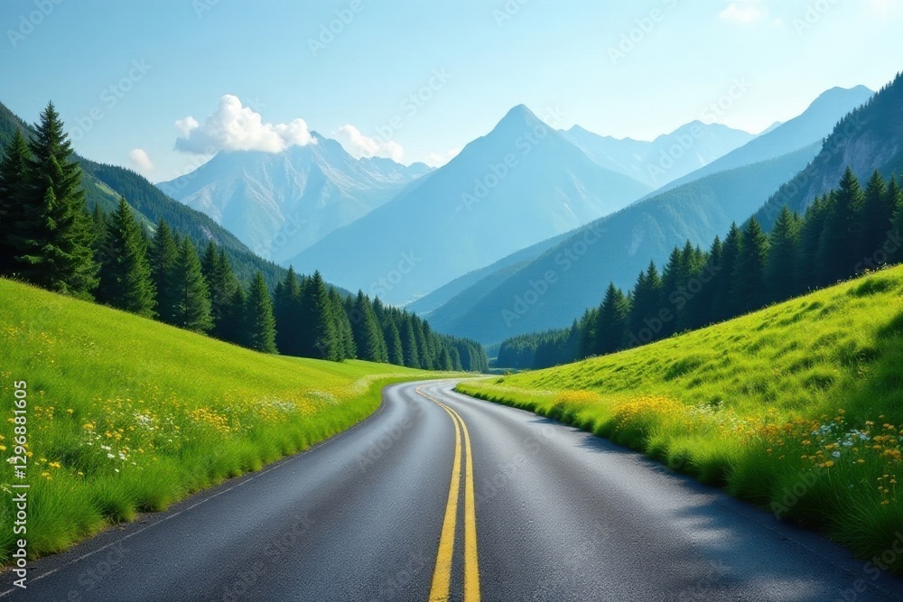 Fototapeta premium Asphalt ribbon winding through verdant meadows towards a majestic mountain range under a clear sky