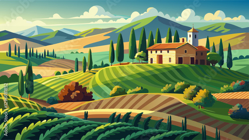 Tuscany, landscape and farmhouse in the hills of Val d'Orcia