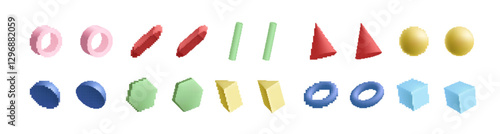 A collection of vibrant geometric shapes like spheres, cones, and cubes arranged in an orderly pattern.