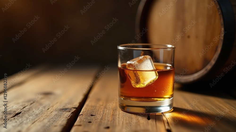 Aromatic amber spirit rests in a rocks glass, a single ice cube melting slowly, beside a weathered oak barrel on a rustic wooden surface. Aromatic amber spirit rests in a rocks glass, a single ice cube melting slowly, beside a weathered oak barrel on a rustic wooden surface.