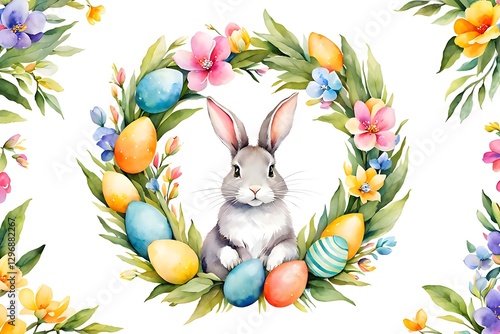 Easter bunny in a wreath of flowers and eggs, watercolor