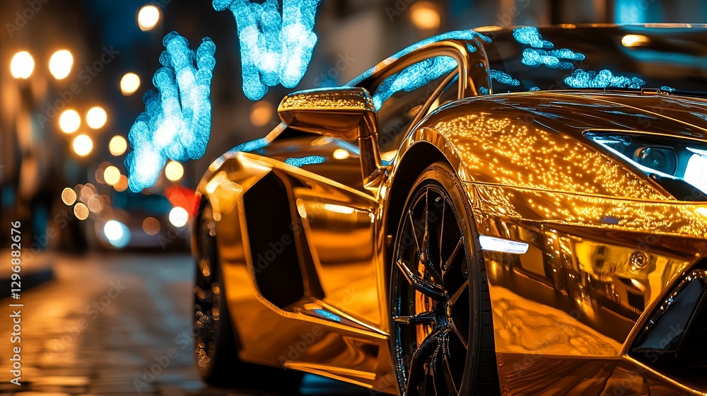 Gleaming Golden Sports Car Under Festive Lights at Night Gleaming Golden Sports Car Under Festive Lights at Night