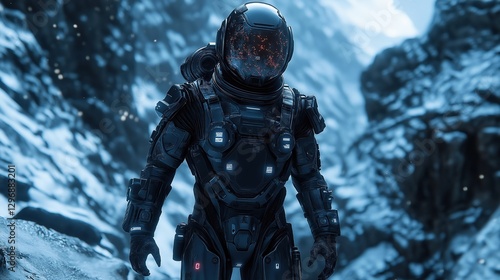 A futuristic astronaut in an advanced black spacesuit exploring a frozen alien landscape, with glowing details and a reflective helmet adding a sci-fi atmosphere
