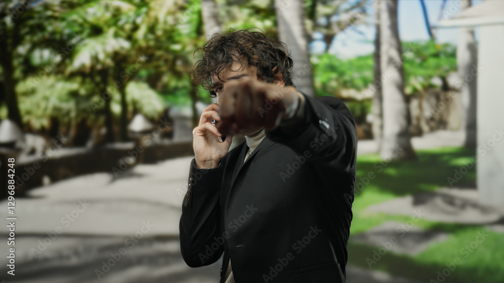 Young hispanic man making gesture at camera outdoors in a park setting, showcasing confidence and casual style amidst lush green surroundings and bright daylight. Young hispanic man making gesture at camera outdoors in a park setting, showcasing confidence and casual style amidst lush green surroundings and bright daylight.