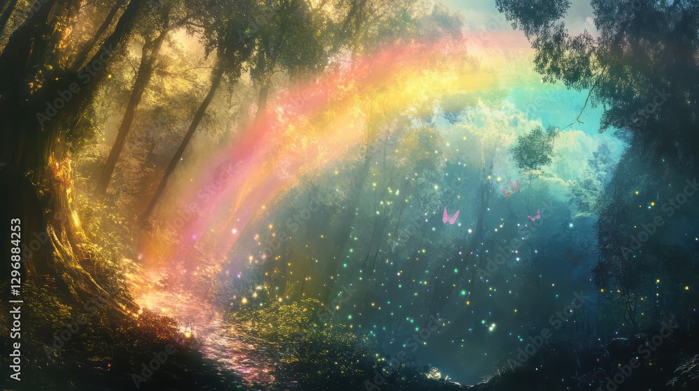 A vibrant rainbow arches over a mystical enchanted forest setting A vibrant rainbow arches over a mystical enchanted forest setting