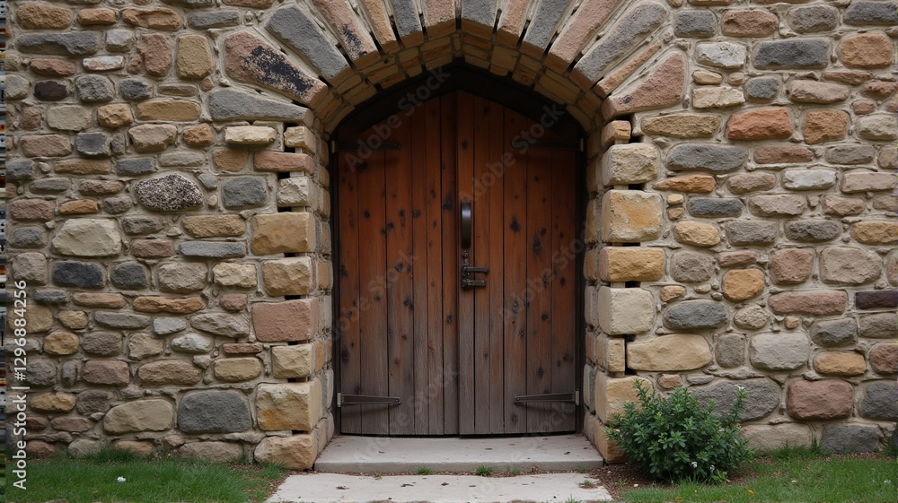 old wooden door in stone wall old wooden door in stone wall
