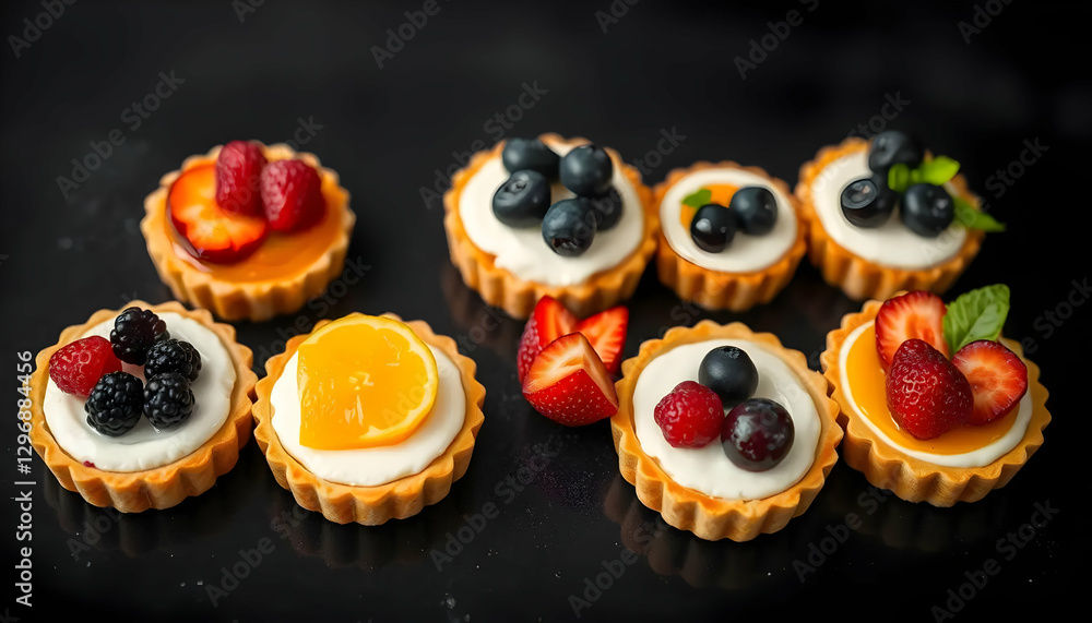 Delicious Variety Of Fruit Tarts Are Displayed Nicely On A Surface Delicious Variety Of Fruit Tarts Are Displayed Nicely On A Surface