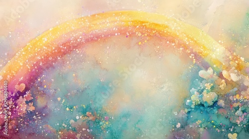 A colorful watercolor rainbow arches over a dreamy cloudscape with hearts