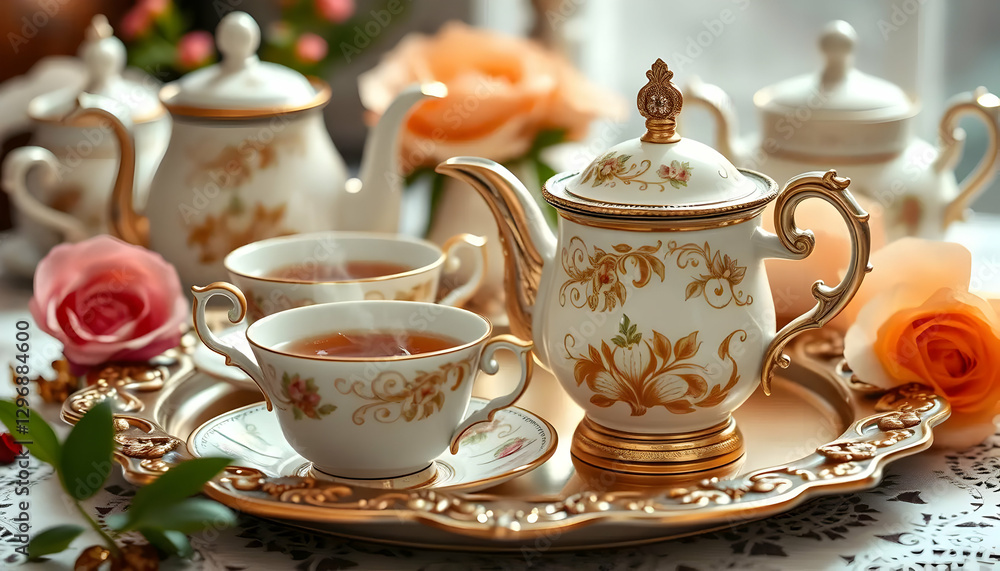 Elegant tea service featuring tea cups and a teapot with roses Elegant tea service featuring tea cups and a teapot with roses