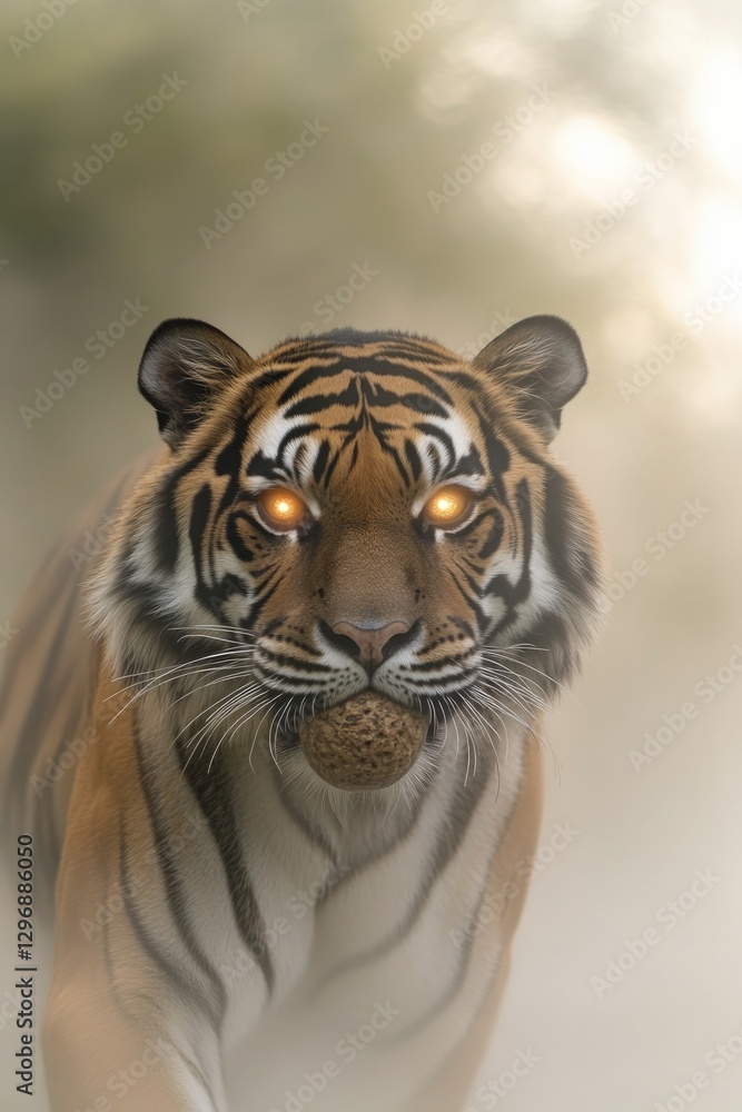 Fototapeta premium Majestic tiger emerges through mist, showcasing fierce gaze and