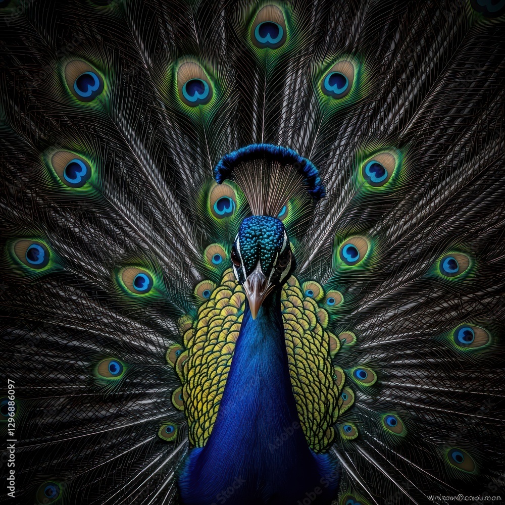 Obraz premium Majestic Peafowl Displaying Vibrant Feathers with Beautiful Patterns and Striking Colors in a Natural Setting