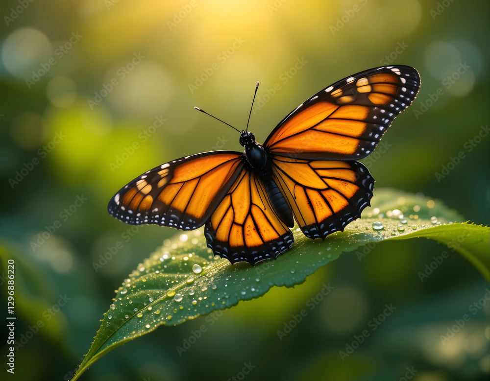 Fototapeta premium A Butterfly Resting on a Dewy Leaf